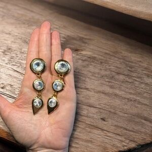 Late 80's Long Clip on Earrings with Big Rhinestones Gold Tone